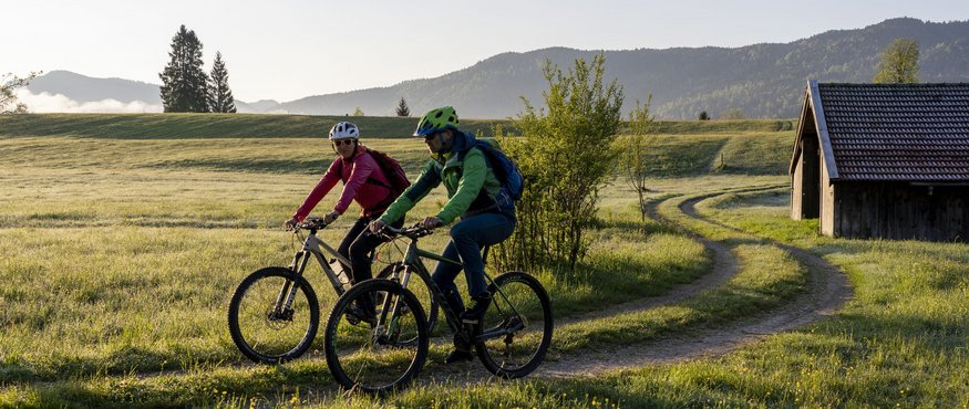 Two cyclists riding on a narrow path through green countryside with mountains in background