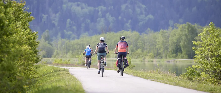 Vier Radfahrer fahren auf einem Weg entlang eines Sees in einer bewaldeten Berglandschaft