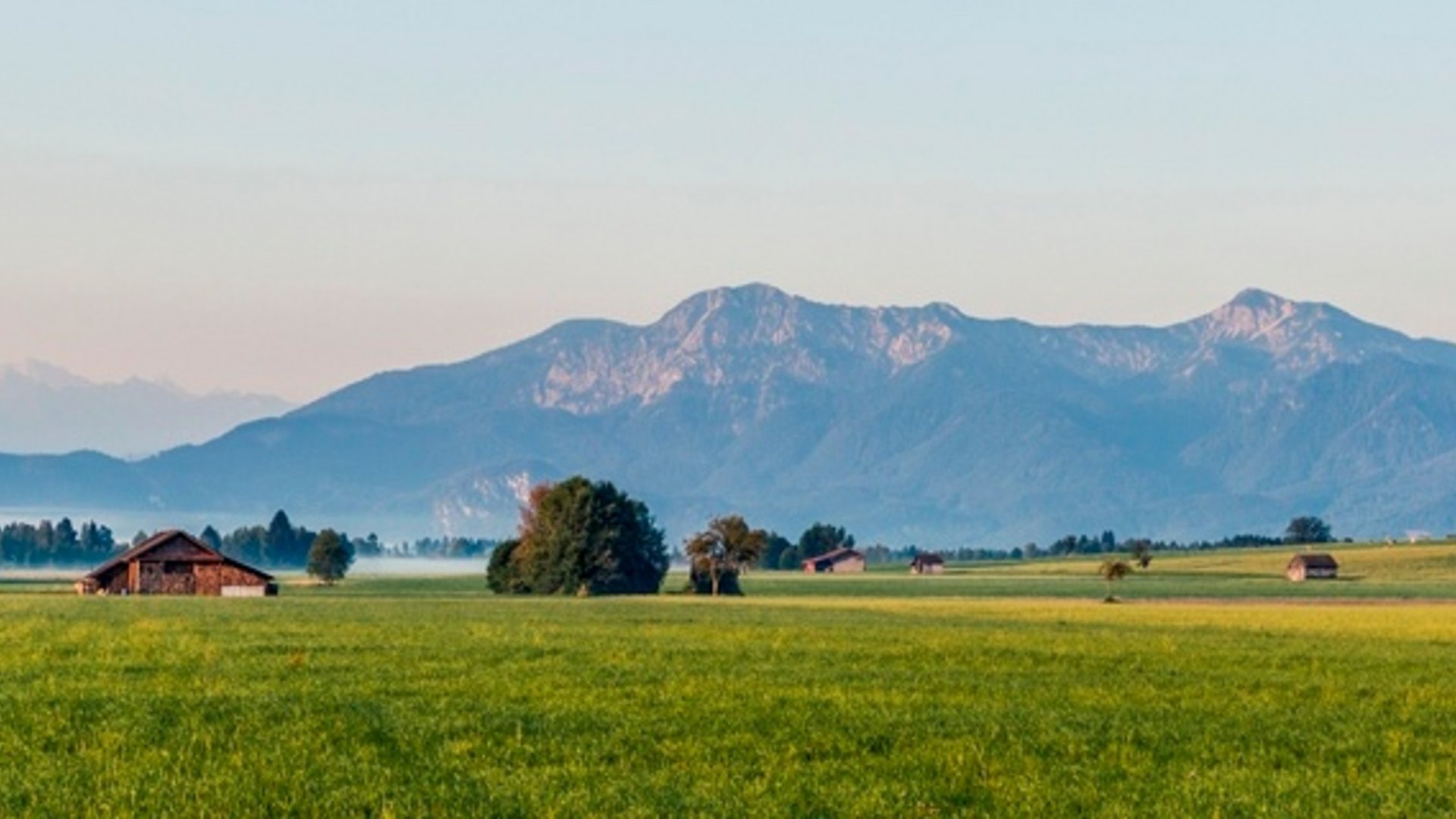 Green field with trees, wooden huts, and mountains in the background at sunrise