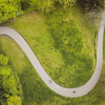 Luchtfoto van een kronkelend pad door een groen park met bomen