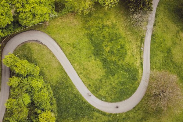 Aerial view of a winding path through a green park with trees