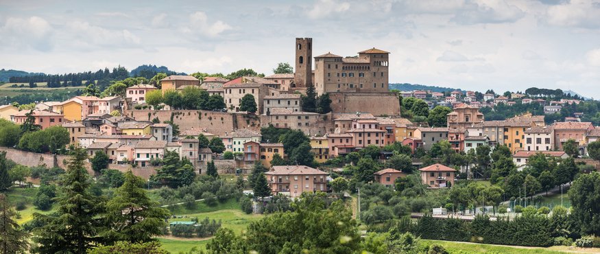 View of a medieval village with a castle and lush green landscape