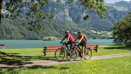 Zwei Radfahrer fahren am See vor Bergen auf einem sonnigen Radweg