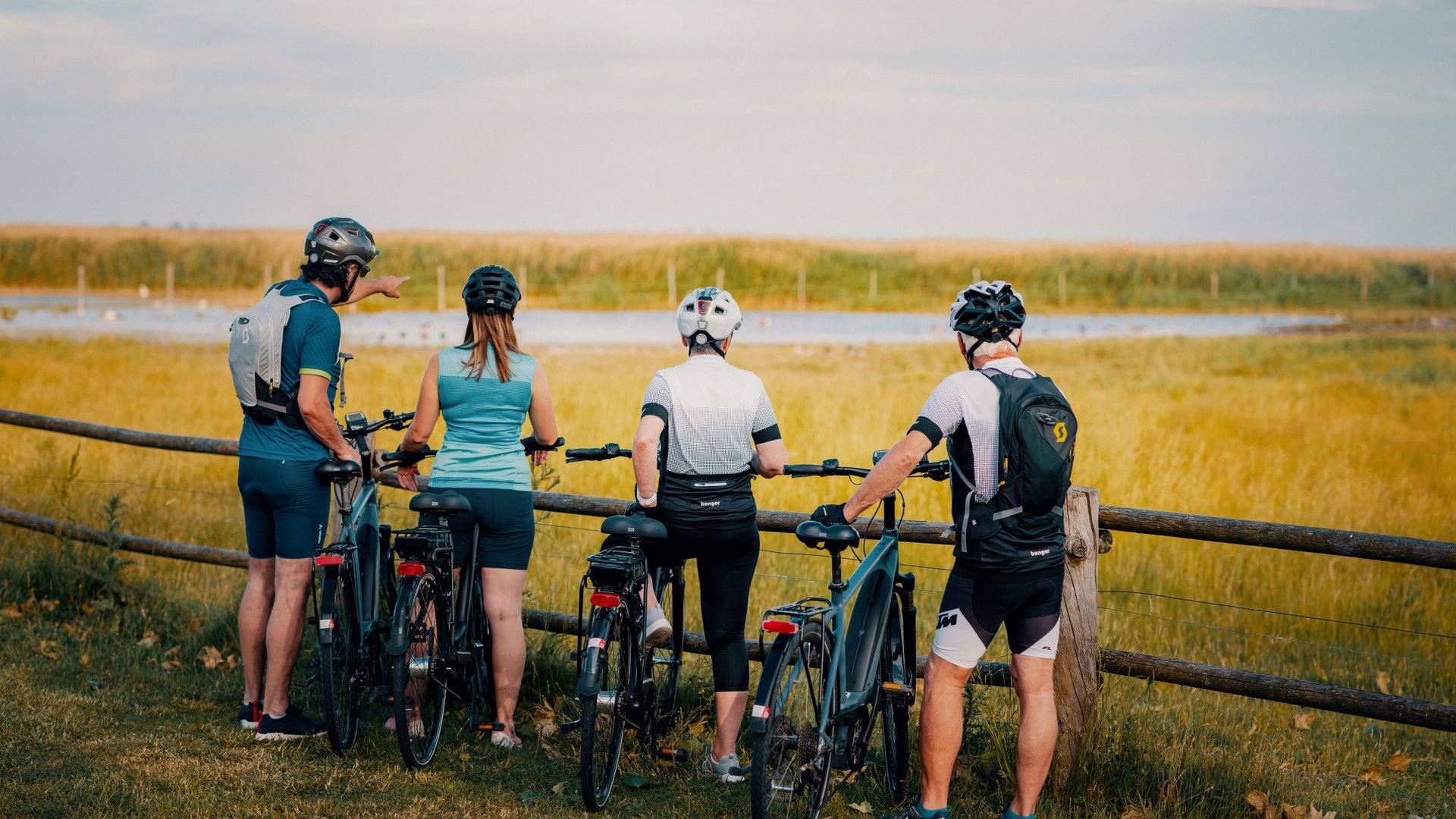 Four cyclists stand by a fence looking at wetlands.