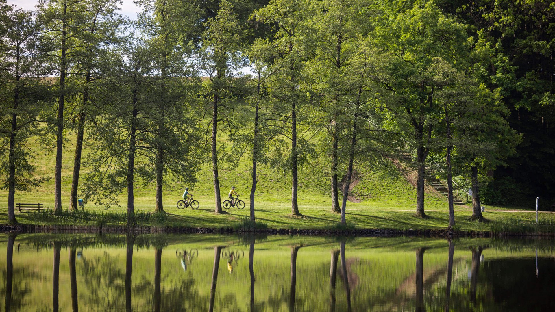 Two cyclists riding beside a calm lake with trees and green landscape