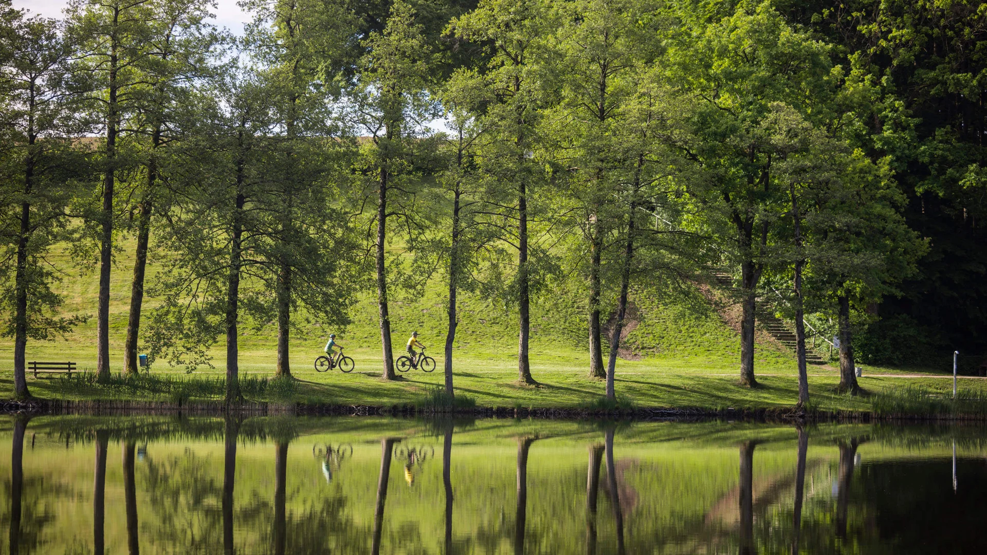 Twee fietsers rijden langs een rustige vijver met bomen en groen landschap