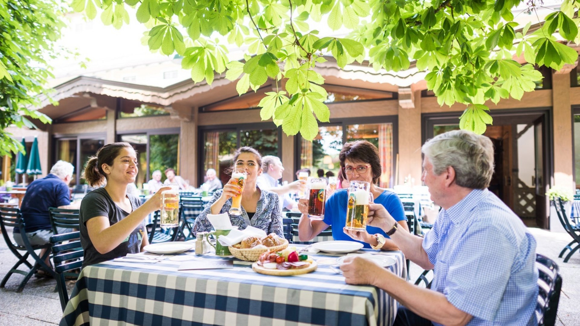 Four people toasting with beer glasses under green leaves at a beer garden