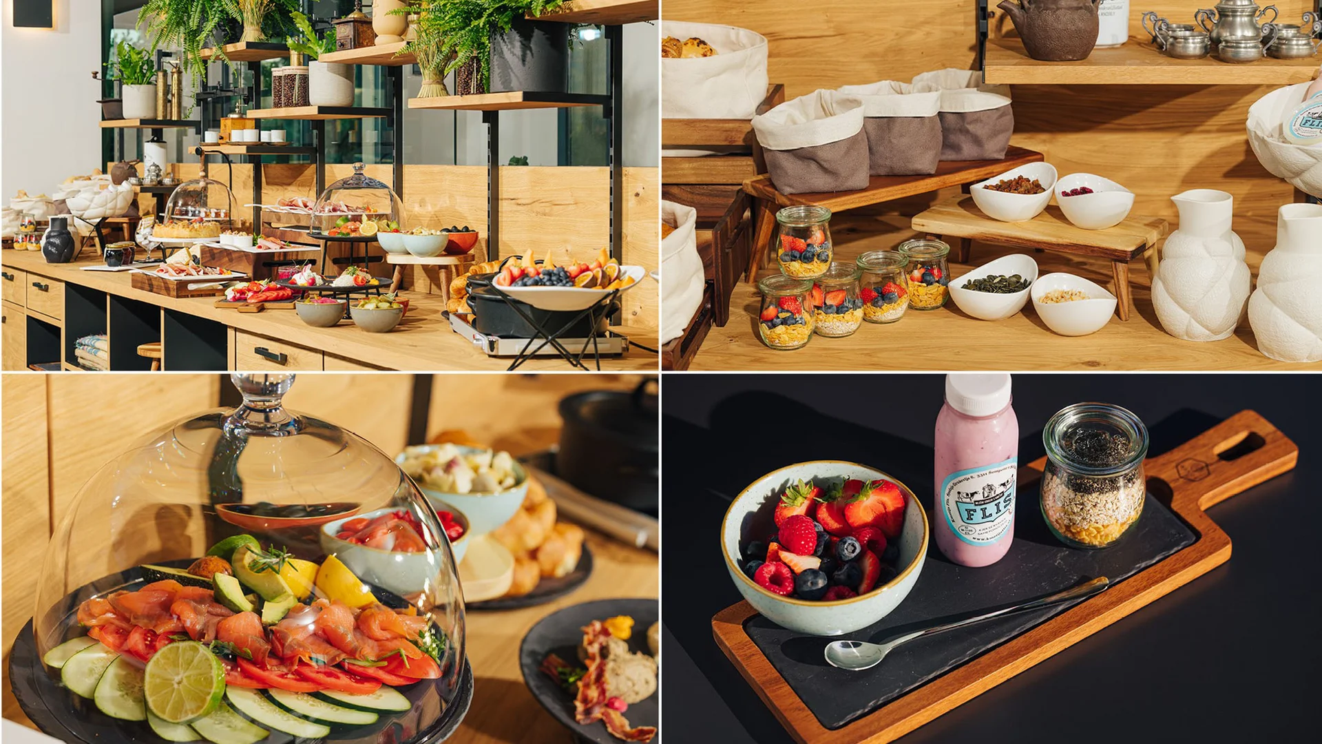 Buffet met fruit, yoghurt en ontbijtproducten op houten tafels