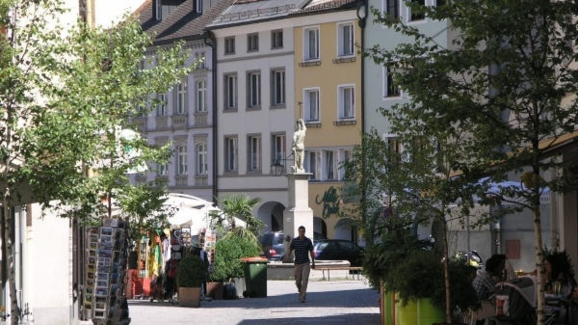 Pedestrian street with trees and historic buildings on a sunny day
