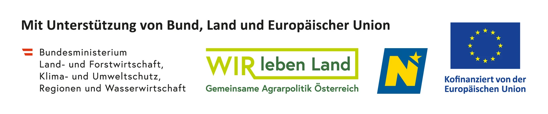 Mit Logos der Unterstützung von Land NÖ, LE 14-20, Europäischer Landwirtschaftsfonds und EU-Flagge