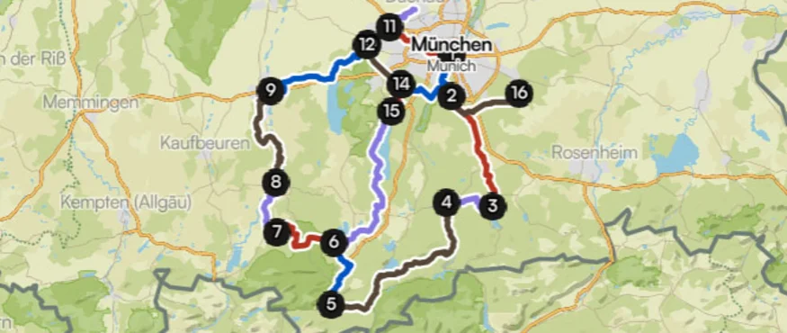 Kaart met genummerde routes rond München, Beieren, Duitsland