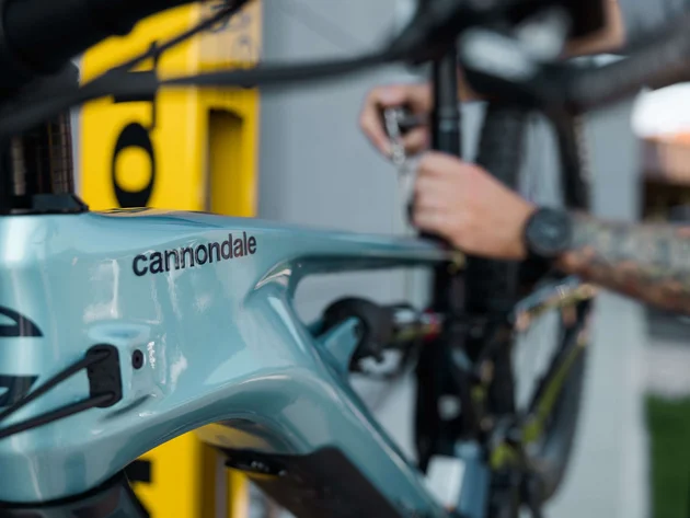 Nahaufnahme eines blauen Cannondale-Fahrradrahmens mit einem tätowierten Arm