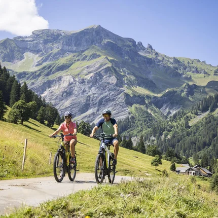 Zwei Radfahrer auf Bergweg mit Alpen im Hintergrund bei sonnigem Wetter