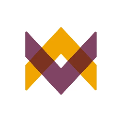 Abstract geometrisch logo met overlappende oranje en paarse vormen
