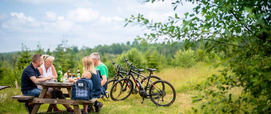 Vier Personen sitzen an einem Picknicktisch im Freien mit Fahrrädern im Hintergrund