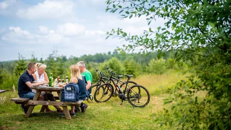 Radfahren ohne Höhenmeter-Stress im Quellenviertel © Quellenviertel - media.dot Vier Personen sitzen an einem Picknicktisch im Freien mit Fahrrädern im Hintergrund
