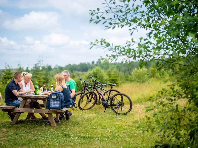 Radfahren ohne Höhenmeter-Stress im Quellenviertel © Quellenviertel - media.dot Vier Personen sitzen an einem Picknicktisch im Freien mit Fahrrädern im Hintergrund