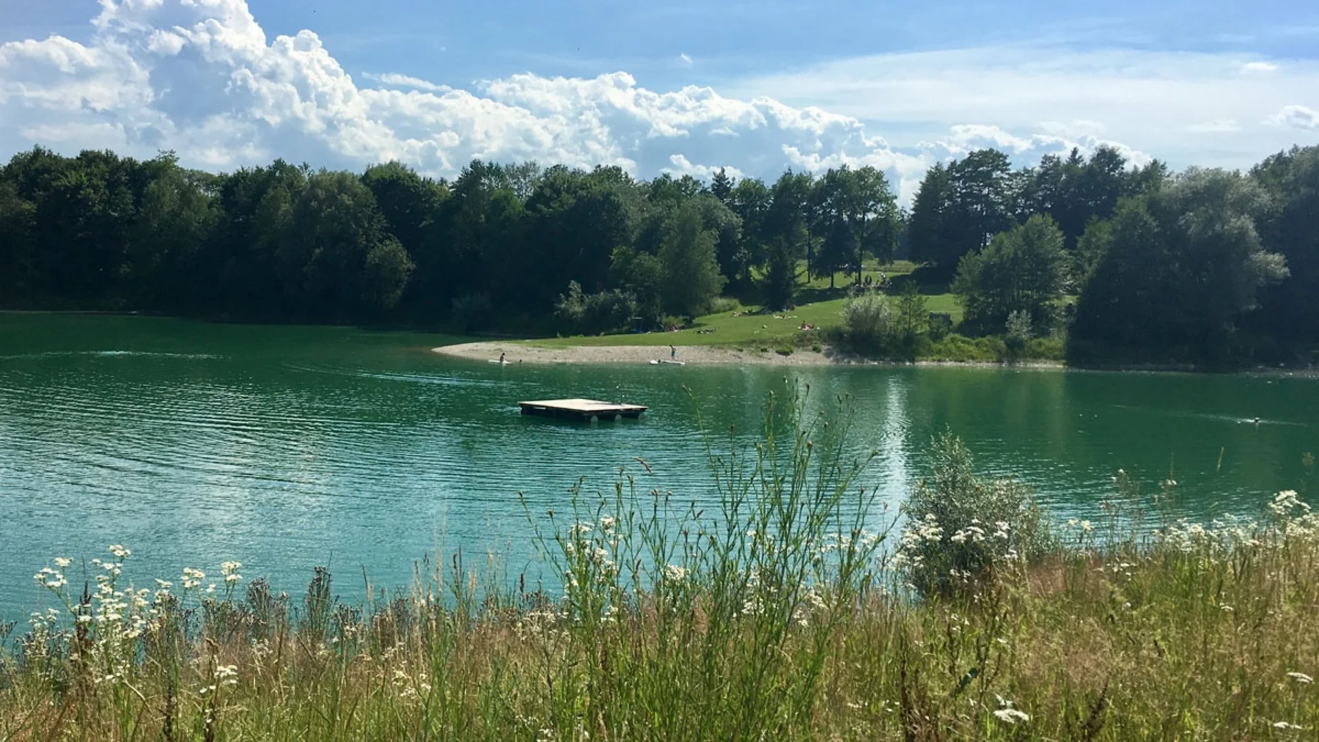 Grüner See mit schwimmender Plattform und bewaldetem Ufer unter blauem Himmel