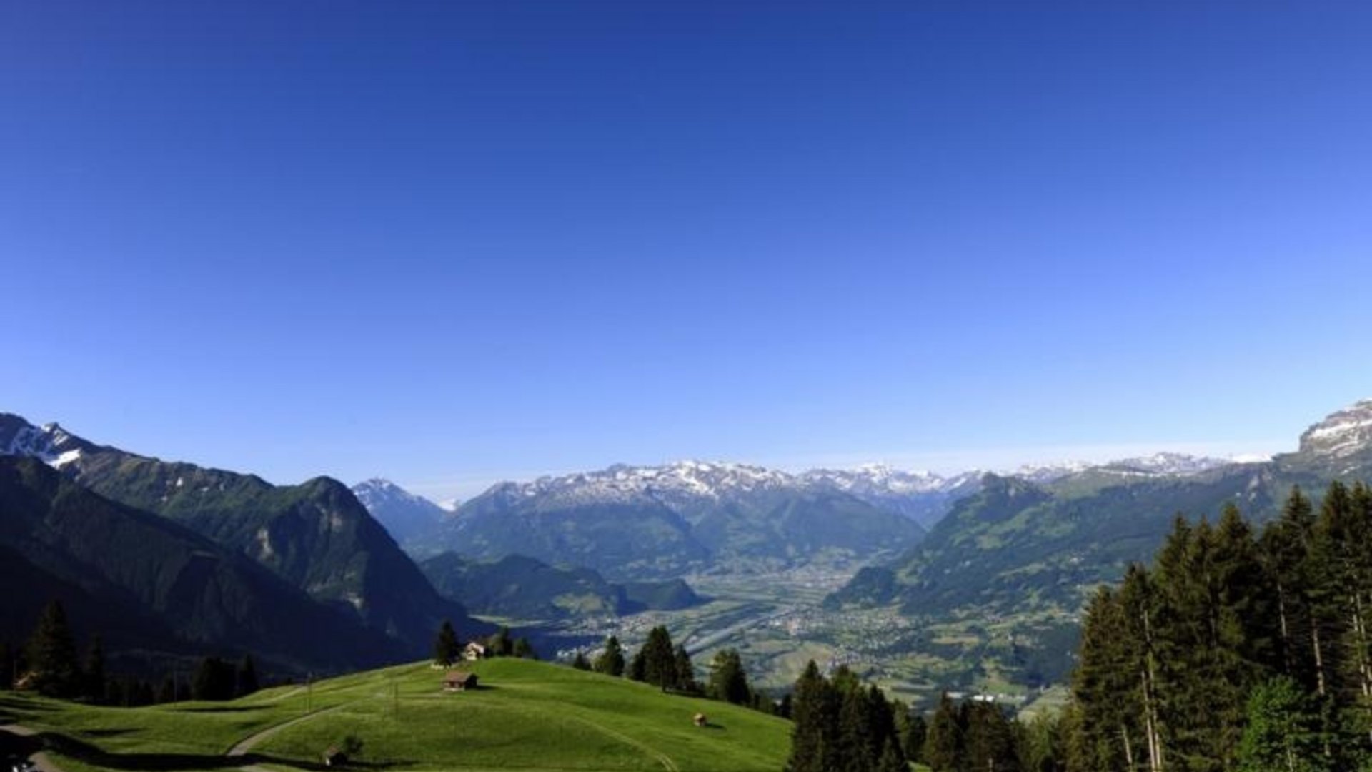 Green hills, pine trees, and snow-capped mountains under a clear blue sky