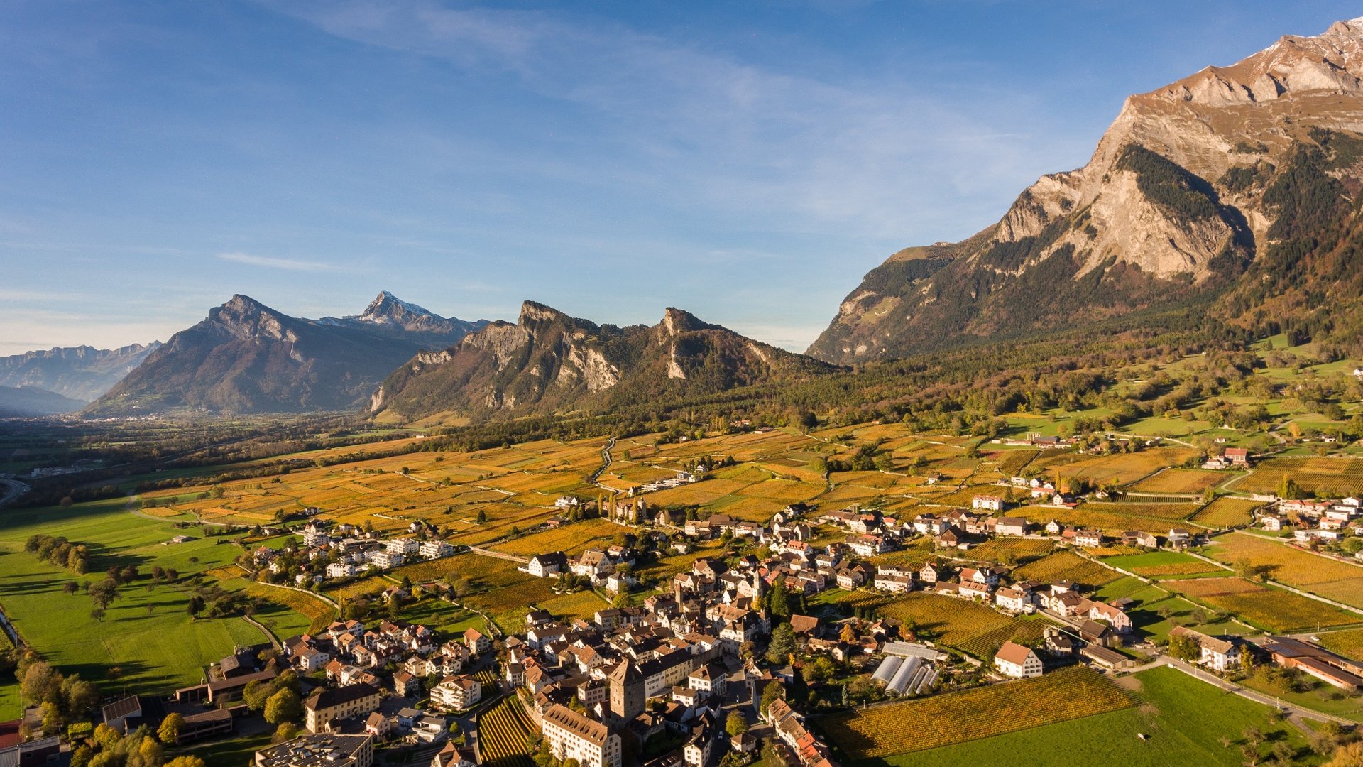 Village and vineyards with mountains in the background under blue sky