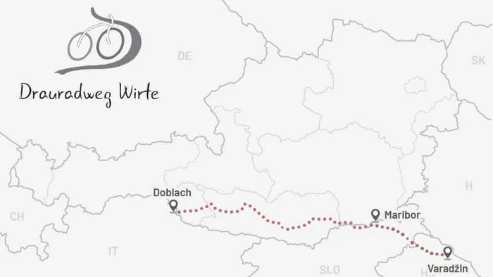 Karte des Drauradwegs von Doblach nach Varazdin mit Station Maribor