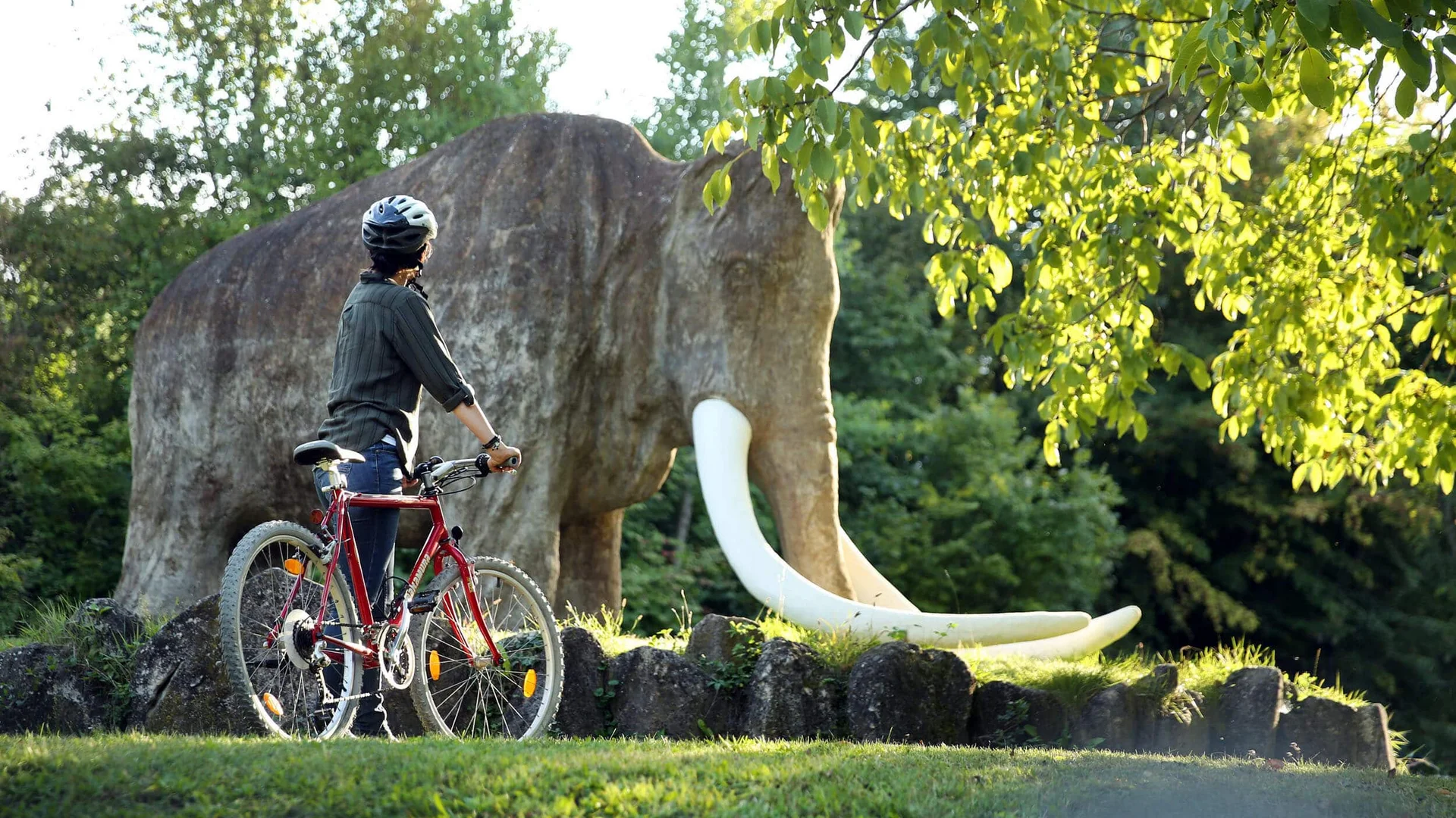 Person mit Fahrrad blickt auf eine große Elefantenstatue im Park