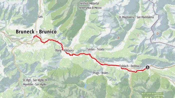 Map showing cycling route from Toblach to Bruneck in South Tyrol