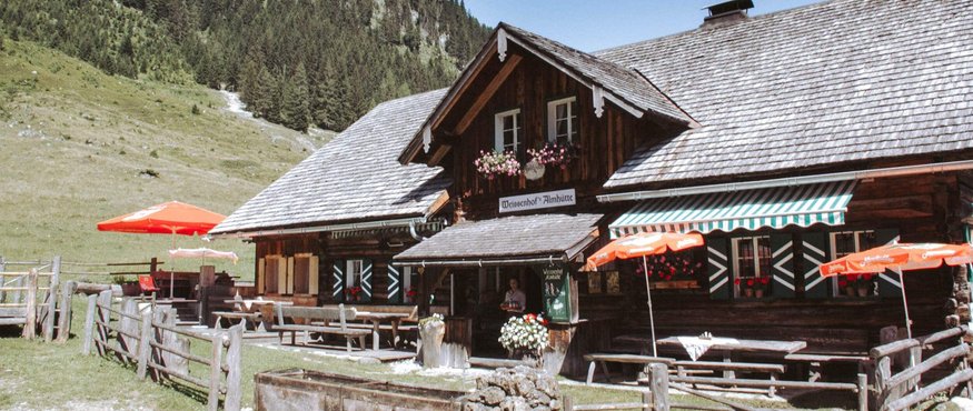 Rustic mountain hut restaurant with outdoor seating and scenic forest view