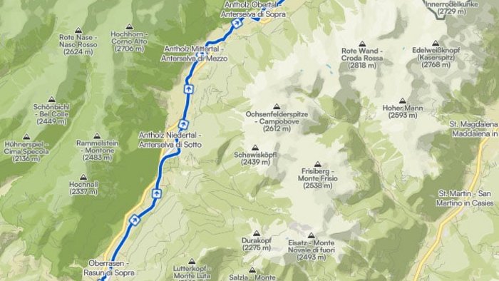 Hiking route from Niederrasen to Antholz in the Alps with elevation details