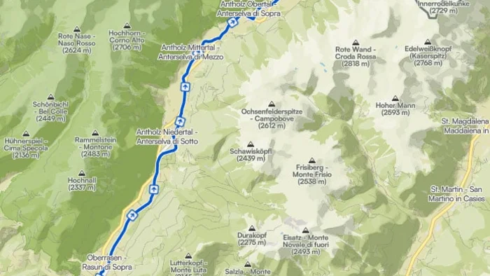 Wandelroute van Niederrasen naar Antholz in de Alpen met hoogte-informatie