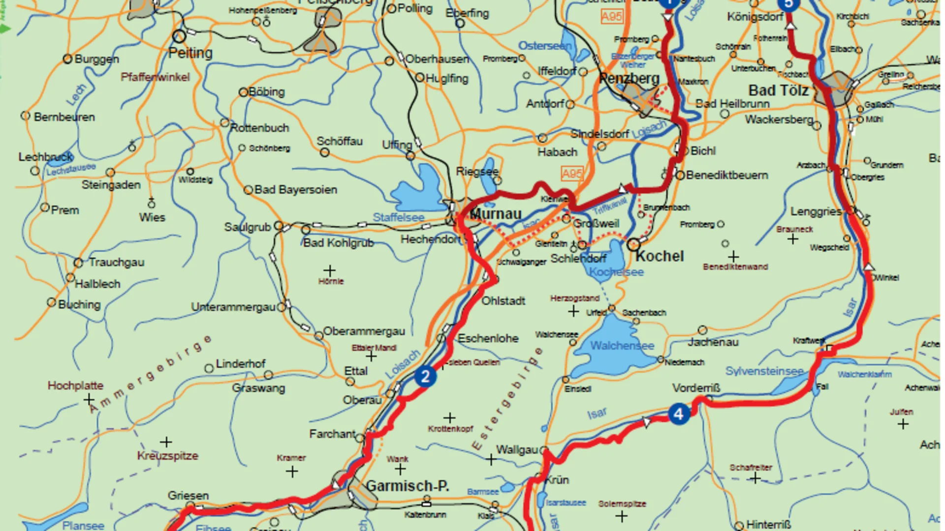 Karte mit Wanderroute durch Bayern, u.a. Garmisch-Partenkirchen und Bad Tölz