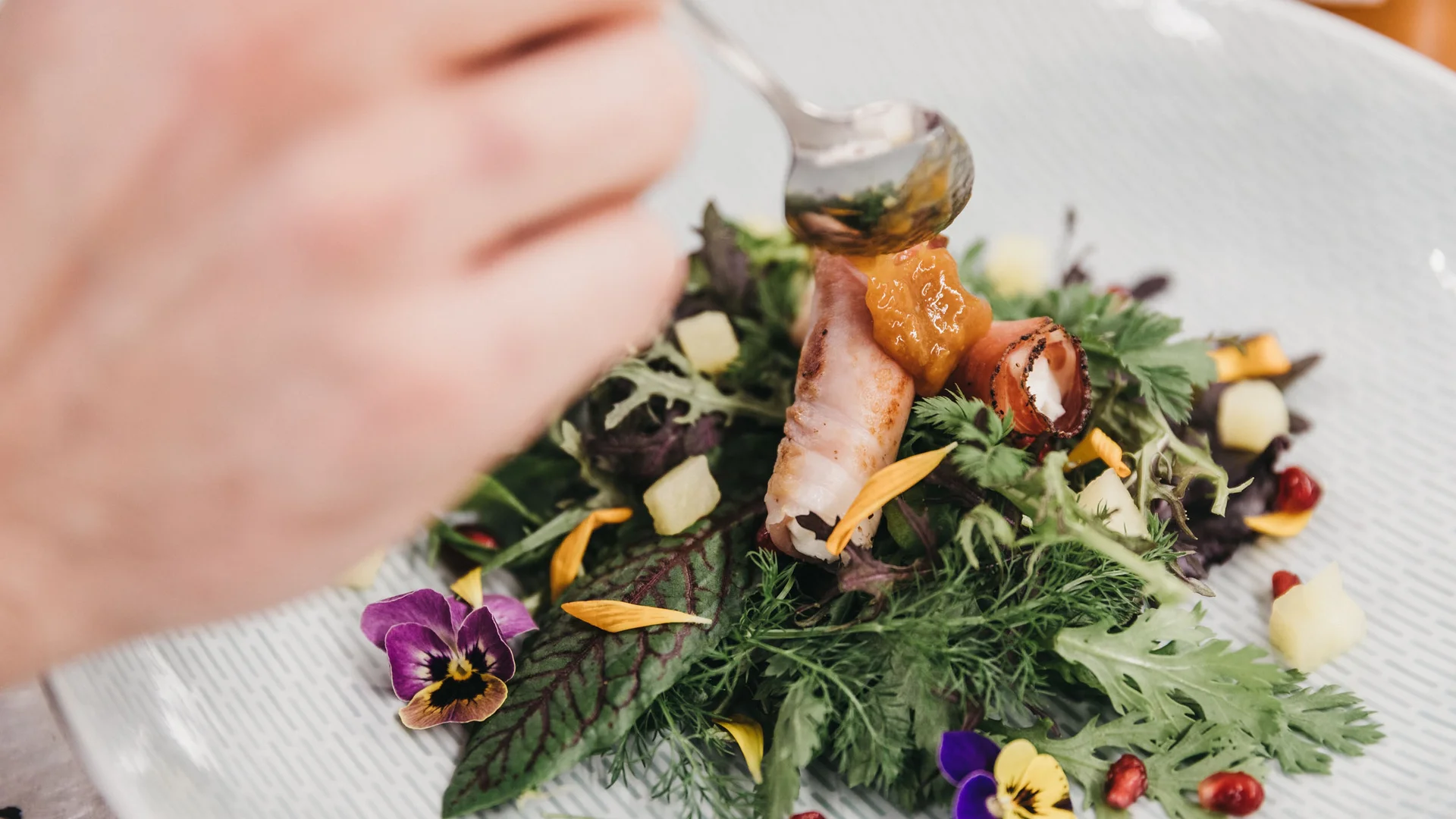 Frischer Salat mit essbaren Blumen und Soße auf weißem Teller angerichtet