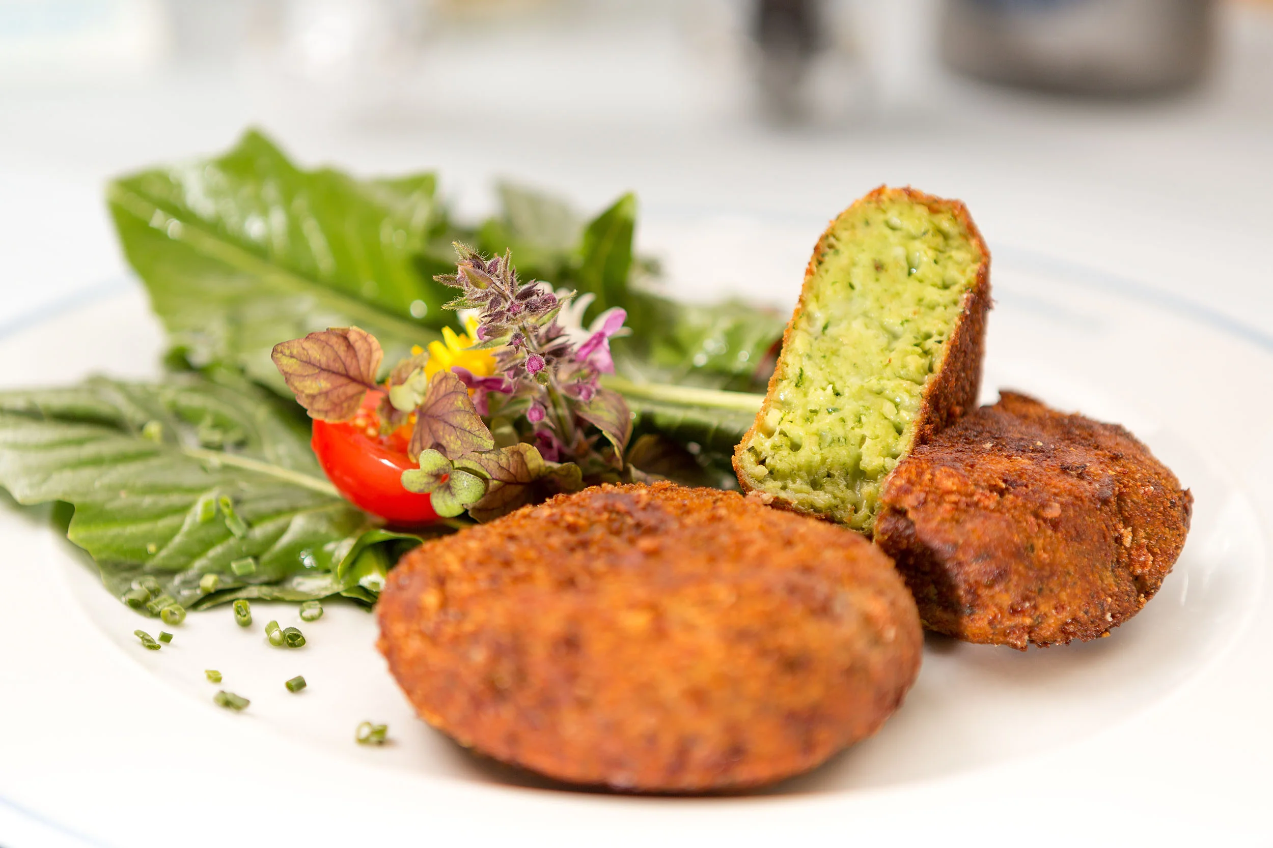 Falafel met bladgroente en tomaat op witte bord