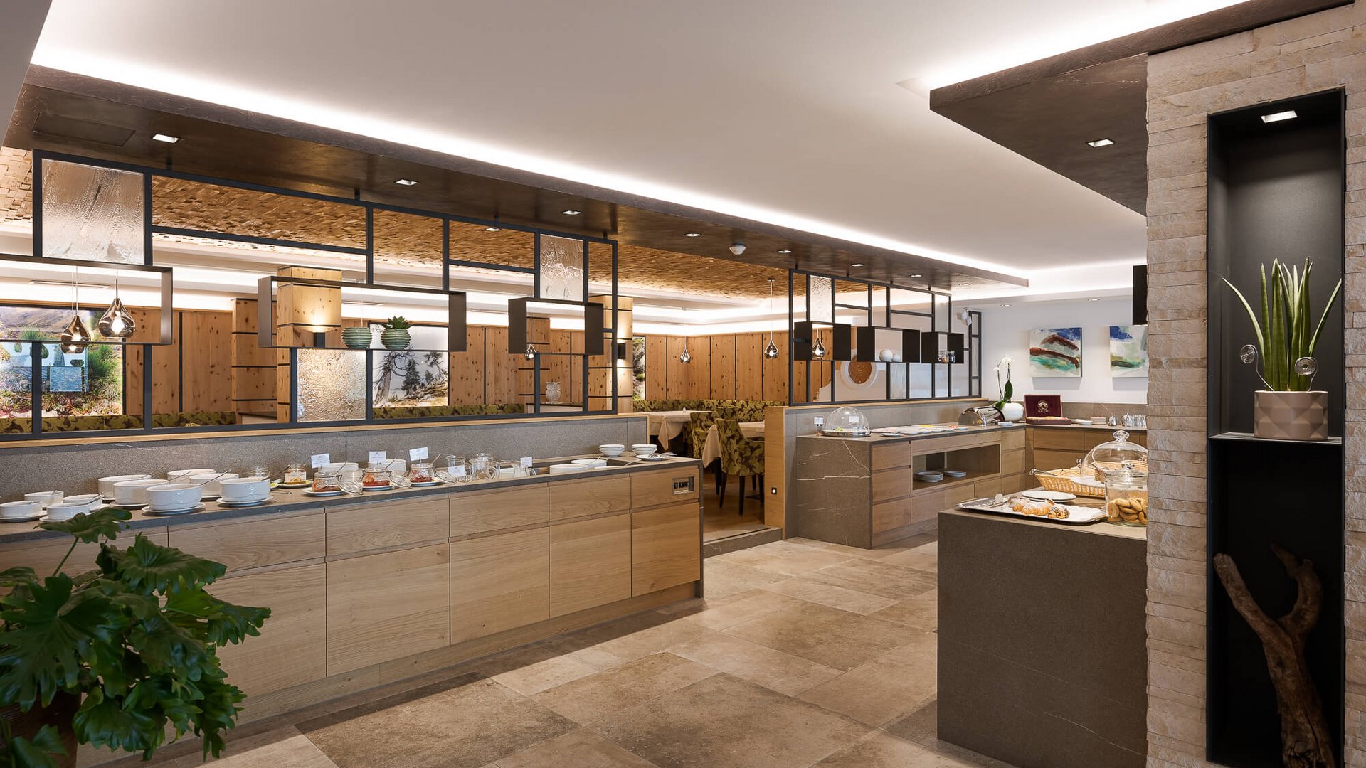 Modern restaurant with buffet and wooden decor