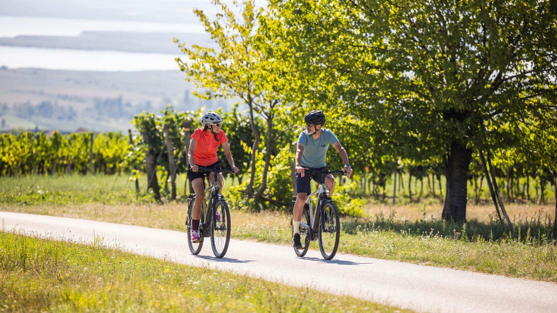 Two cyclists riding on a country road past trees and grass