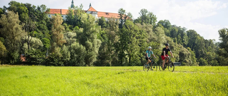 Zwei Radfahrer auf grünem Feld vor bewaldetem Hügel mit Schloss