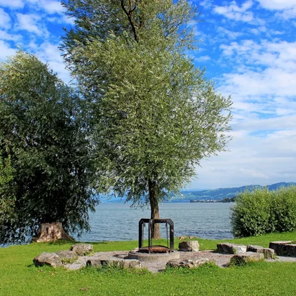 Kampvuurplek met stenen en bomen bij een meer onder een blauwe lucht
