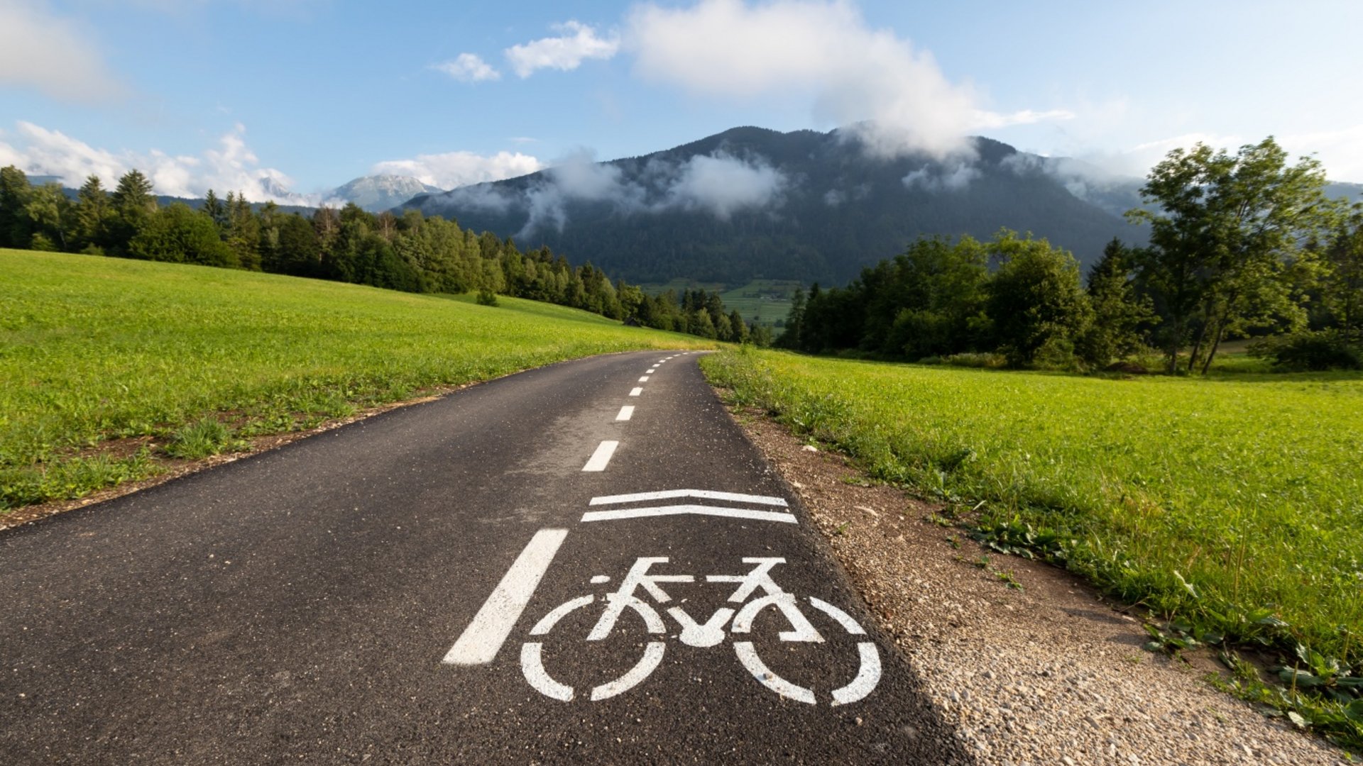 Bike lane through green fields with mountains and clouds in background