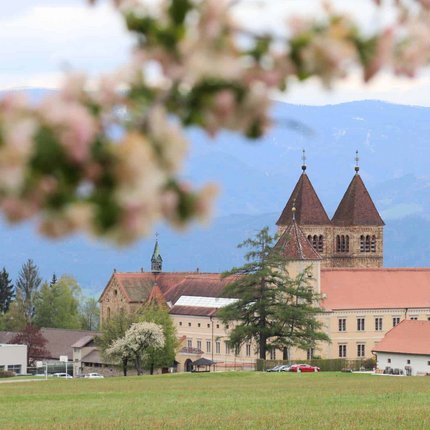 Spring view of town with church towers and mountains in background