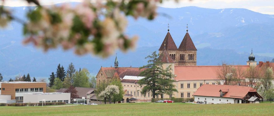 Spring view of town with church towers and mountains in background