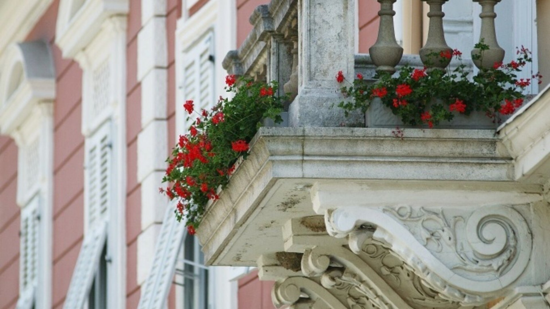 Historic balcony with red flowers on red building