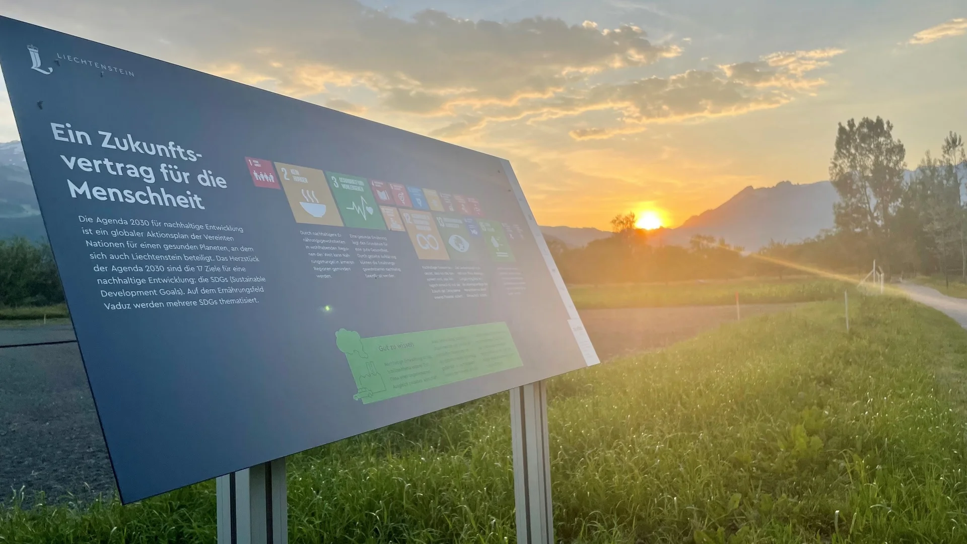 Schild mit Zukunftsvertrag für die Menschheit bei Sonnenuntergang auf Wiese