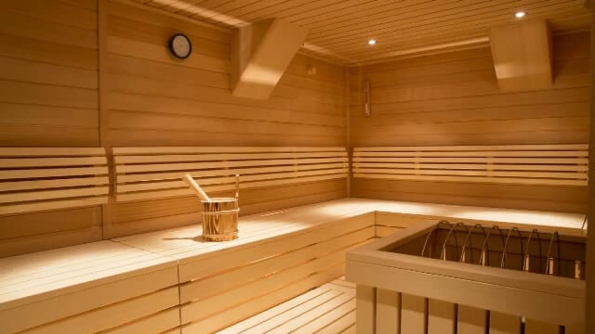 Moderne houten sauna met banken en saunament