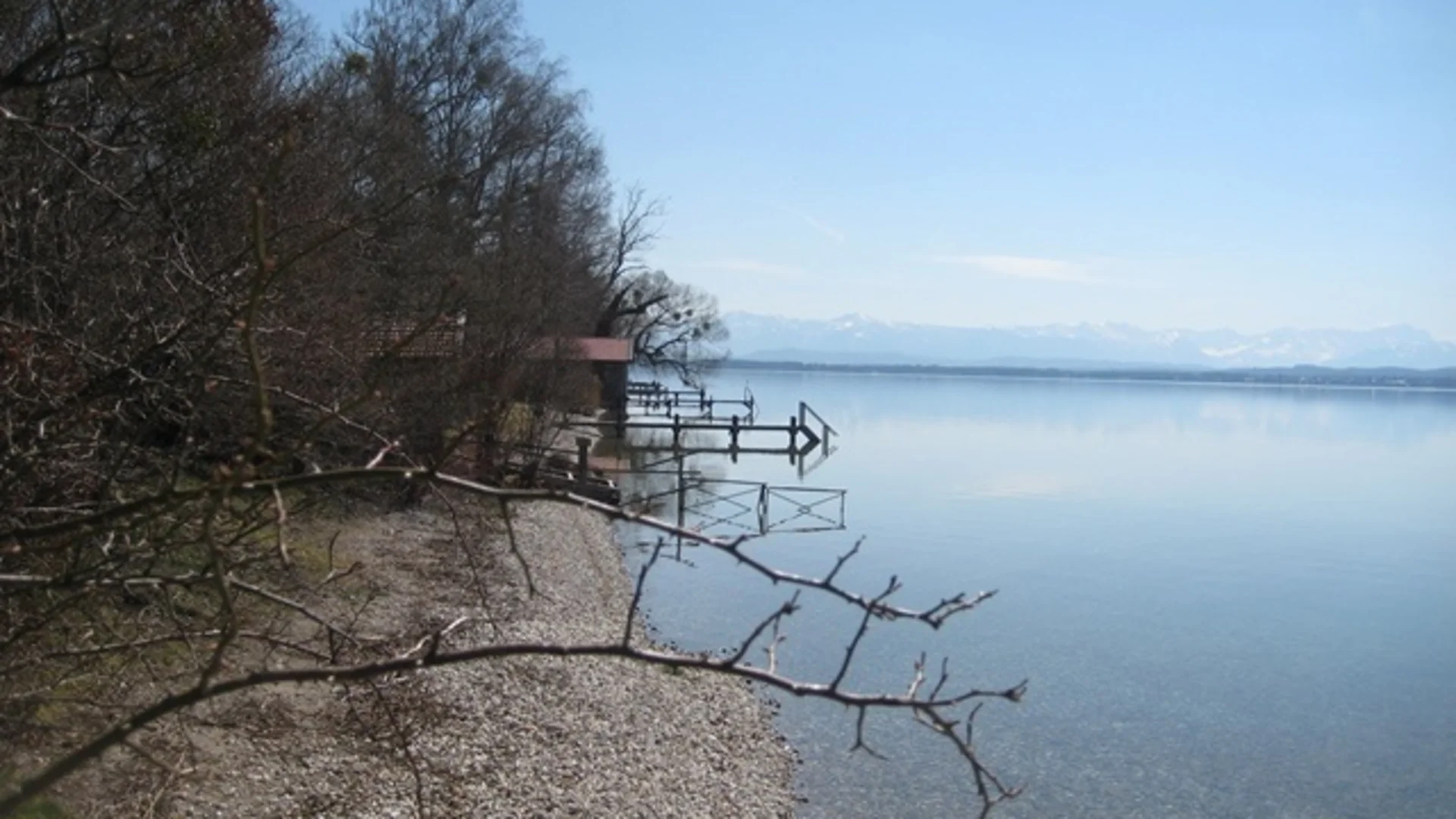 Steiniger Seeufer mit kahlen Bäumen und Bergen im Hintergrund