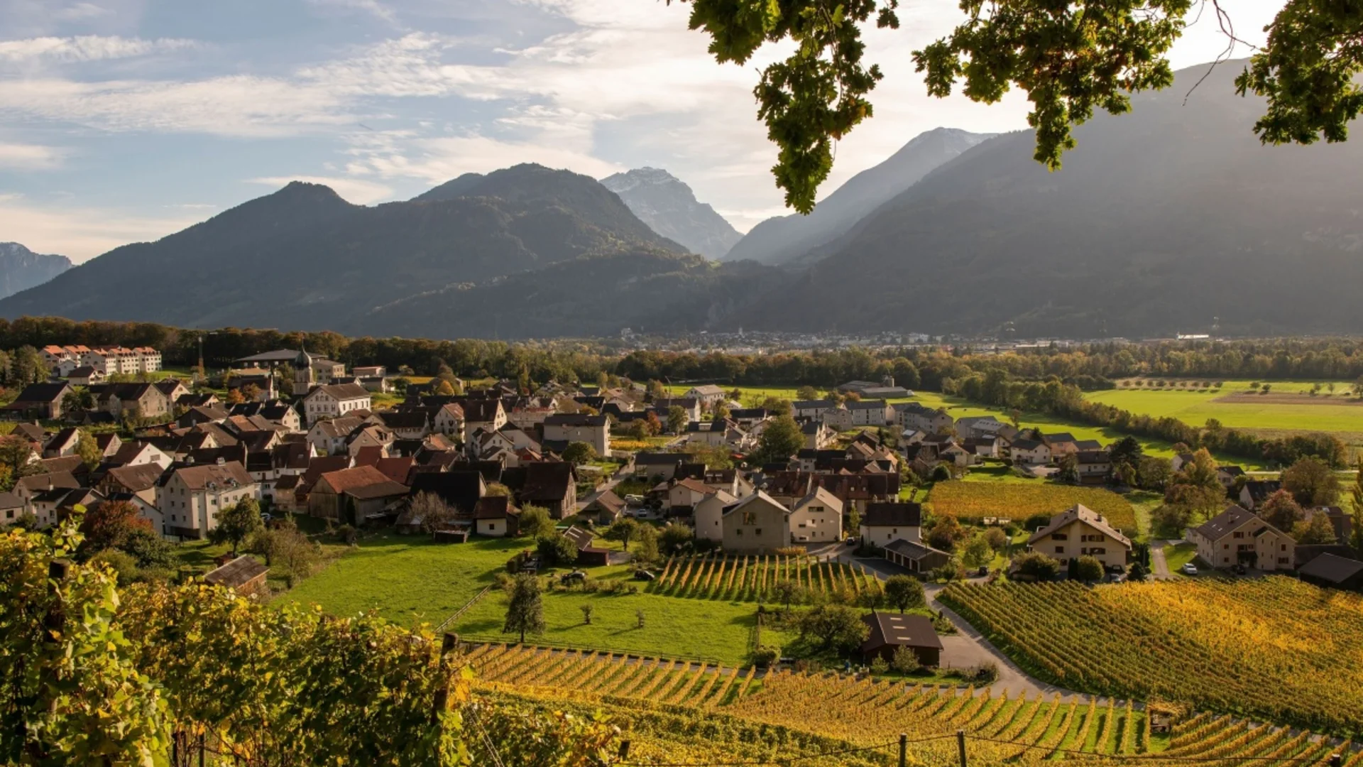 Blick auf ein Dorf vor Bergen und Weinbergen bei bewölktem Himmel