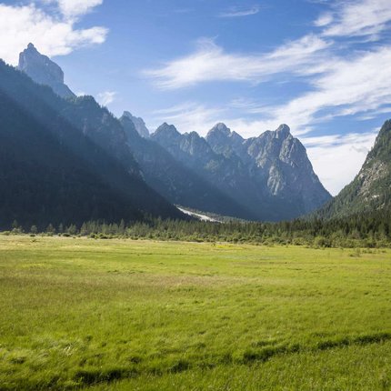 Green meadow with forested mountains under blue sky with clouds