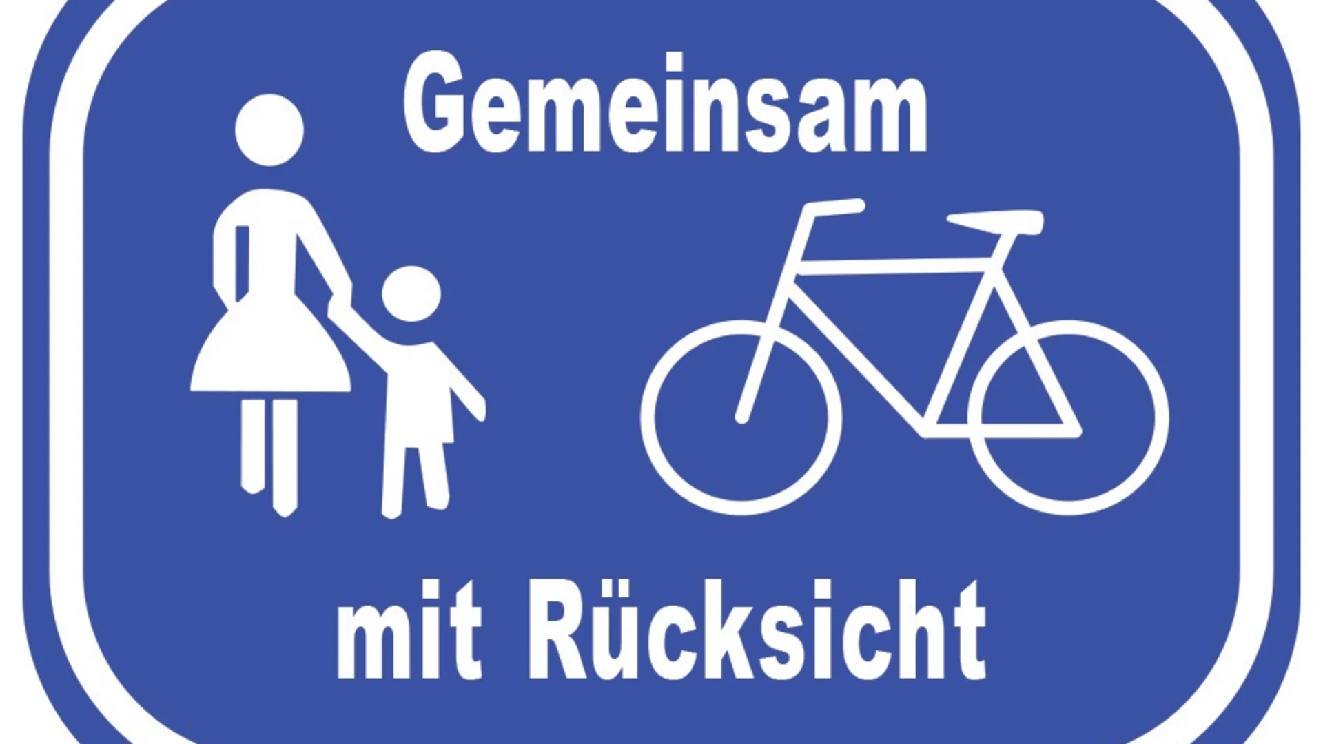 Traffic sign showing pedestrian woman, child, and bicycle with mutual consideration