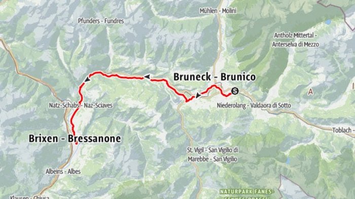Map showing hiking route from Bruneck to Brixen in South Tyrol