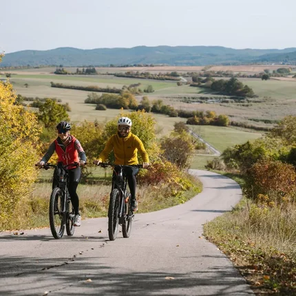 Zwei Radfahrer auf einem Landweg umgeben von Herbstbäumen und Feldern