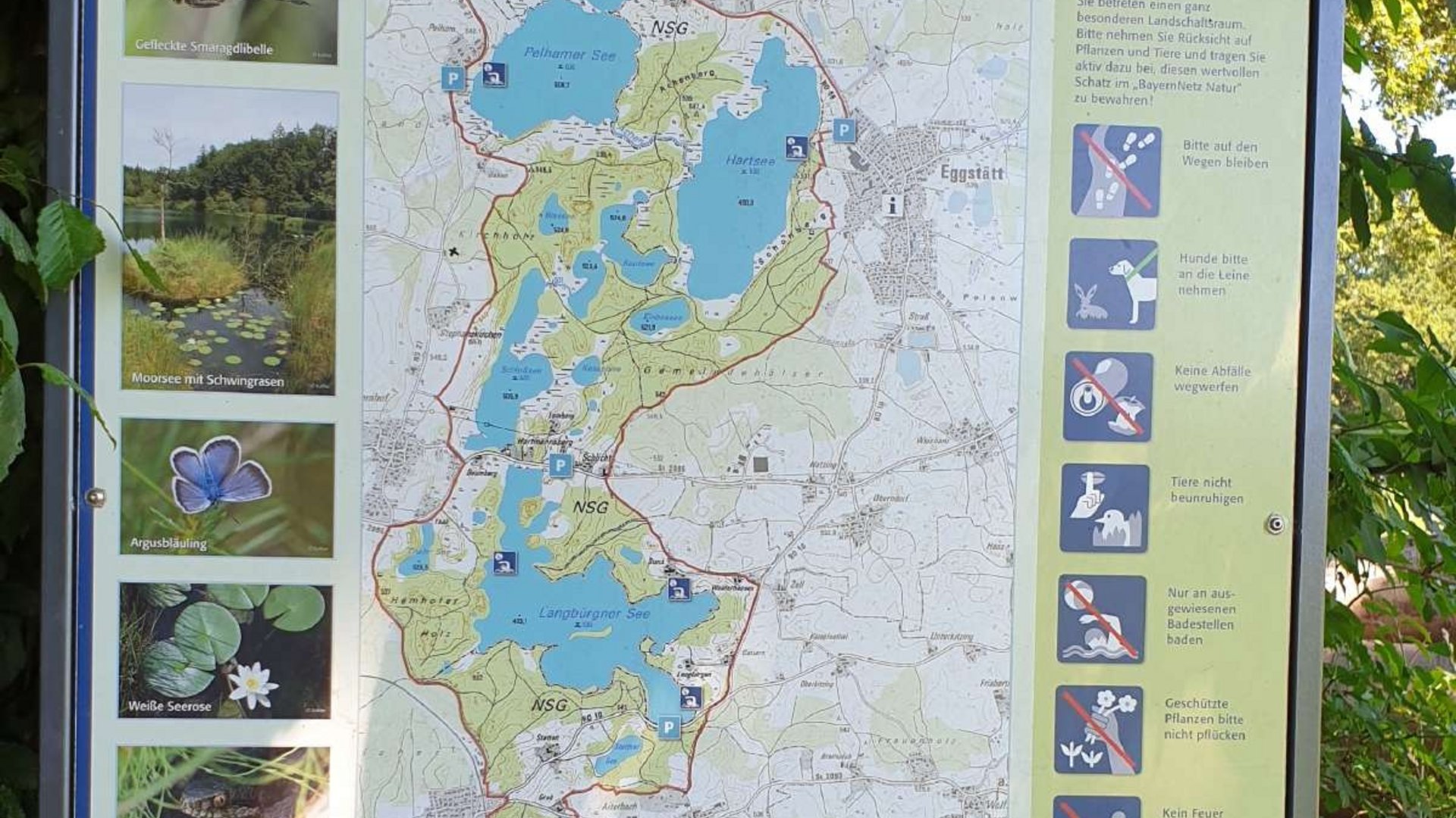Map and rules of nature reserve near Eggstätt with lakes and trails